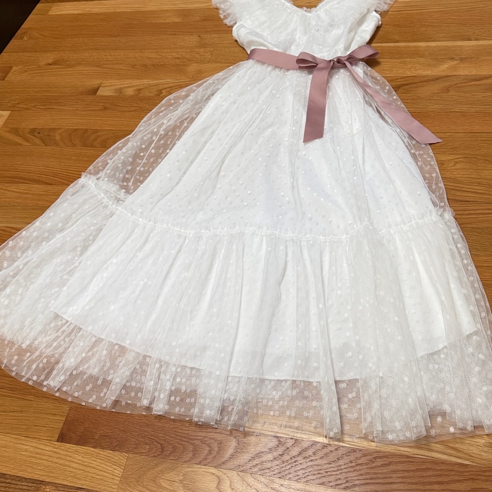 White Swiss Dot Tulle V-neck Dress with Pink Sash - Picture 4 of 12